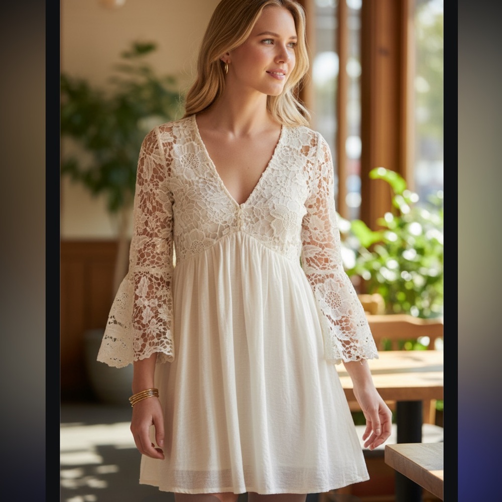J Gee Dress Cream Crepe Embroidered Crochet Lace Lined Babydoll Bell Sleeves 3X